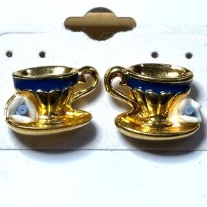 Gold and Blue Teacup Earrings